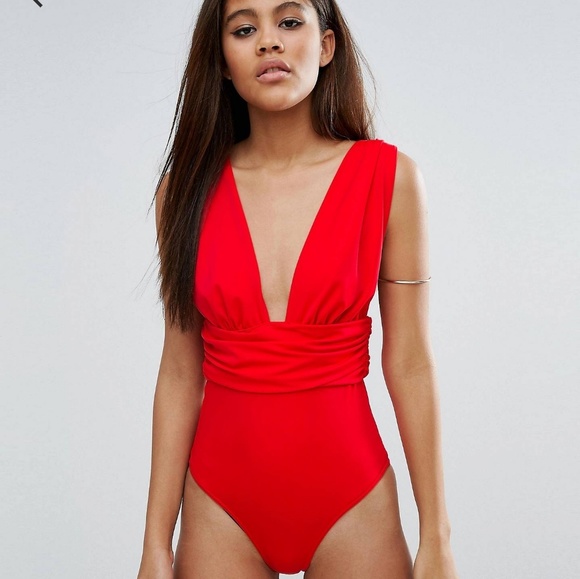 Asos Sexy red v neck one piece bathing suit Sz 2 - Picture 1 of 2